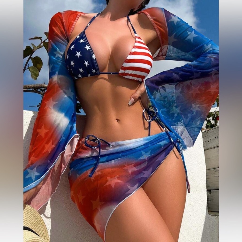 4th of July Star & Striped Halter Triangle Bikini Set With Cover Up Set